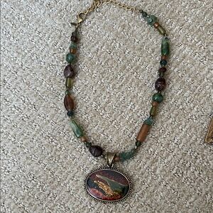 Chico's Green and Brown Beaded Necklace with Pendant